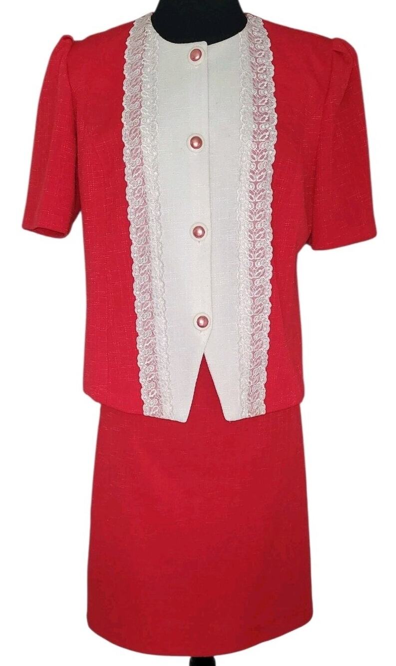 VTG 80s Pablo Collection Skirt Suit Set Women 2-PC Red Lace Collar Boss Babe 14P